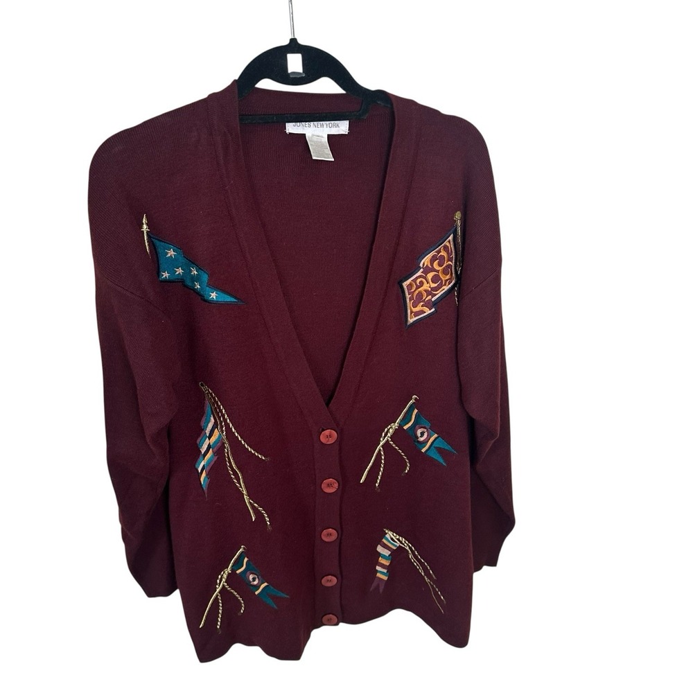 Jones NY Preppy 80s-90s Vtg Lambs Wool Blend Cardigan Sweater Pennant‎ Flags S